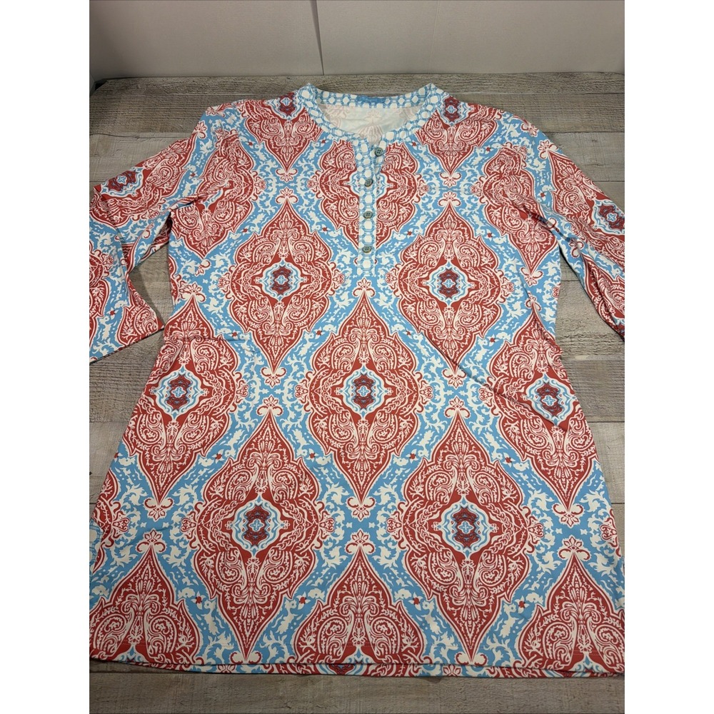 J McLaughlin Catalina Cloth Tunic Top Womens XL Turquoise Coral Rust Boho Print